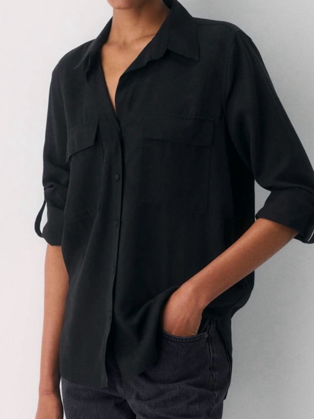 Babaton Women’s Utility Shirt | Size L | Soft Black | Rolled Sleeve Option
